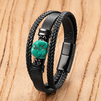 Bracelet artisanal pour homme en cuir et pierres naturelles irrégulières, cordon tressé fait main, fermoir en acier inoxydable, bracelet asymétrique