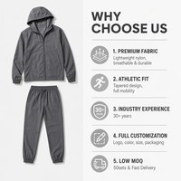 Ensemble de survêtement pour homme en polyester uni personnalisé avec fermeture éclair intégrale, doublure en maille nid d'abeille, cordon de serrage, coupe-vent en nylon, 2 pièces
