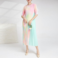 Robe midi plissée dégradé arc-en-ciel - Manches mi-longues, design ombré coloré, robe élégante pour femme, idéale pour Noël