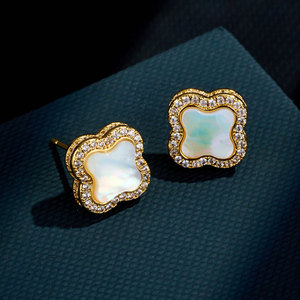 Mother Of Pearl Four Leaf Clover Stud Earrings Gold Plated S925 Silver Needle With Zircon Inlay For Gift - Product Image 1