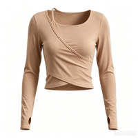 Haut de yoga 2-en-1 premium pour femme à manches longues, col rond, taille croisée sculptante, t-shirt de Pilates mat respirant extensible dans les quatre sens
