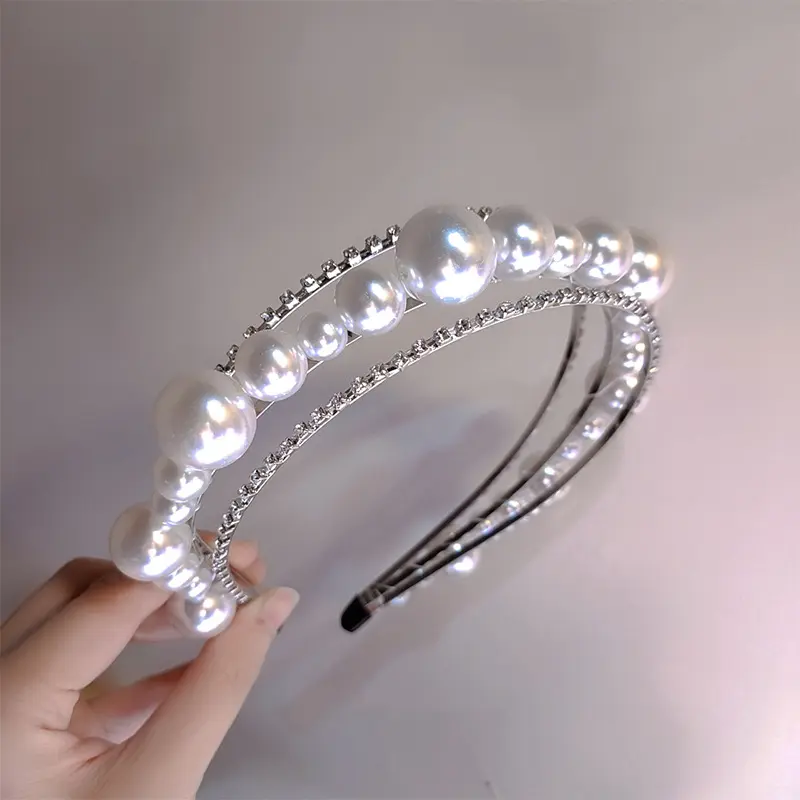 Tiara de cabelo coreana de pérolas, multicamada, de diamante, temperamento, para mulheres, simples, prensada, acessórios para casamento