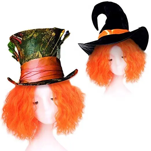 Peruca curta encaracolada para festa, halloween festa vestido extravagante peruca laranja bruxa bombardeio para festa