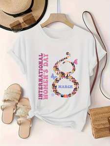 T-shirt per la Giornata Internazionale della Donna, da donna, a maniche corte, girocollo, casual, con stampa grafica, in tessuto jersey, per tutte le stagioni, vestibilità regolare - Product Image 1