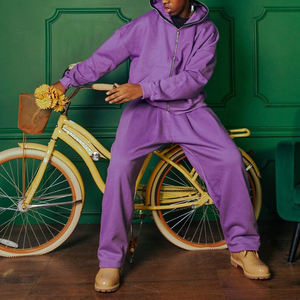 KIingSen Embroidered 3D Breathable Winter Men's <b>Open</b> Hood Zip-<b>Up</b> Hoodie Sweatpants Streetwear Set 400gsm Terry Fabric - Product Image 5