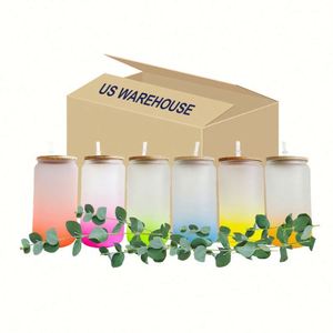 Vente Flash Entrepôt USA : Verre à Sublimation en Forme de Canette de Bière, 16oz, Dégradé Givré, pour Café et Soda, avec Paille et Couvercle en Bambou - Product Image 1