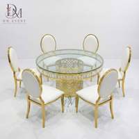 Table de banquet ronde en acier inoxydable doré avec base en treillis et plateau en verre trempé miroir, vente en gros