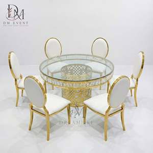 Table de banquet ronde en acier inoxydable doré avec base en treillis et plateau en verre trempé miroir, vente en gros - Product Image 2