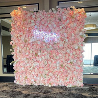 MoKtong Mur de fleurs artificielles 5D rose pêche et blanc 8x8 pi avec fleurs en soie et verdure pour décoration de mariage romantique