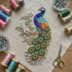 Applique brodée main paon perlée à coudre avec strass en cristal et fleurs pour vêtements, toile et tissu maillé - Product Image 4