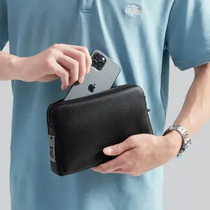 2023 grosir tas tangan kulit asli dompet tas tangan mode kunci sidik jari tas genggam anti-maling untuk pria