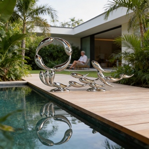 Sculpture d'anneaux abstraits en forme de banc de poissons en acier inoxydable 304/316 poli miroir, de qualité supérieure, pour hall d'hôtel de luxe moderne et espace commercial - Product Image 5