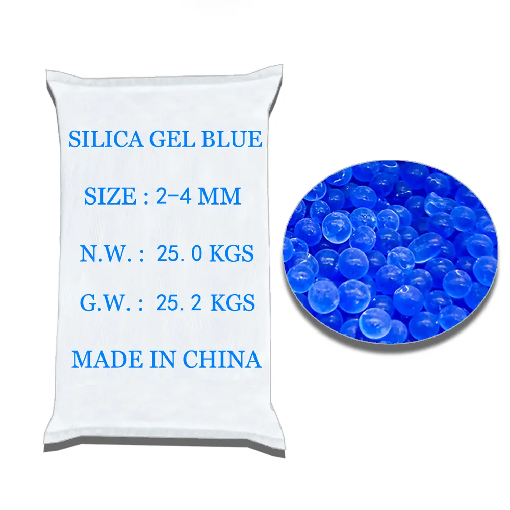 25 kg/beutel blaue farbwechsel Silizium-gel-desiccant-perlen- rohmaterial 2-4 mm Feuchtigkeitsgehalt 3% Feuchtigkeitsabsorption 20% Fabrik