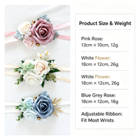 Corsage Pergelangan Tangan Buatan Tangan dengan Mawar Tiruan Real Touch, Daun Hijau Campuran, dan Pita Satin untuk Pengiring Pengantin, Pengantin Wanita, Pernikahan, Homecoming, dan Pesta