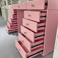 Coiffeuse moderne rose en bois avec grand tiroir, 15 ampoules, haut-parleur Bluetooth, 3 modes d'éclairage réglables, design panneau pour chambre à coucher