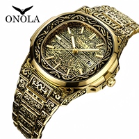 Relojes de Lujo Dorados para Hombre ONOLA, Reloj de Cuarzo Musulmán Retro de Negocios, Resistente al Agua, Venta al por Mayor de Fábrica, ON3808