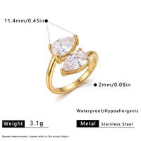 Bague ouverte double goutte d'eau en acier inoxydable doré Novirassine pour femme, avec cristaux colorés, bijou ajustable et tendance
