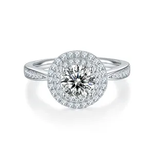 Rinntin Smr96 Groothandel Sterling Zilver Halo Bruiloft Verlovingsringen Rond Moissanite Ring Voor Vrouwen Rhodium Verguld