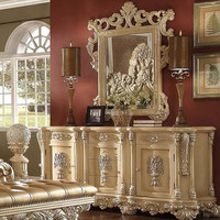 Lit double en bois massif de style européen, luxe, baroque, français, sculpté, en cuir véritable, avec coiffeuse, meubles de maison