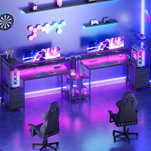 Bureau d'ordinateur de jeu SENYU avec éclairage LED, surface métallique, tiroir de rangement, bureau d'angle en forme de L noir - Product Image 2
