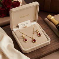 Parure de bijoux pour femme en acier inoxydable plaqué or 18 carats, collier avec pendentif ovale en pierre rouge et chaîne à billes perlée, boucles d'oreilles pendantes créoles Huggie, cadeau