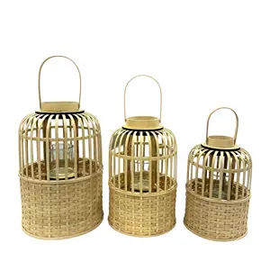 Antique Rustic Wicker Decorative Lantern Handmade Woven Natural Bamboo Lantern With Glass Candle Jar
