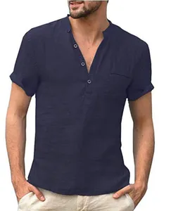 여름 새로운 코튼 린넨 반팔 남성 티셔츠 스탠드 칼라 버튼 하프 오픈 간단한 반팔 셔츠 S-5XL