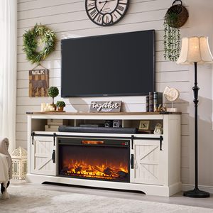 Mueble para TV Estilo Rústico Americano SENYU con Chimenea Eléctrica, Gabinete de PB/MDF/Metal, Consola Multimedia con Almacenamiento, Fácil de Armar - Product Image 1