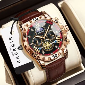 Binbond Men's Watch Analog Chronograph Moon Phase Luminous Hands <b>Date</b> 30M Waterproof Brown Leather Strap - Product Image 1