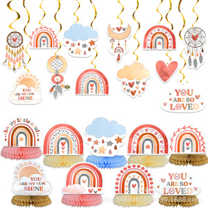 Décorations de fête arc-en-ciel bohèmes, ornements suspendus en forme de nid d'abeille, accessoires photo pour l'aménagement d'un lieu d'anniversaire, en plastique et papier durables - Product Image 4
