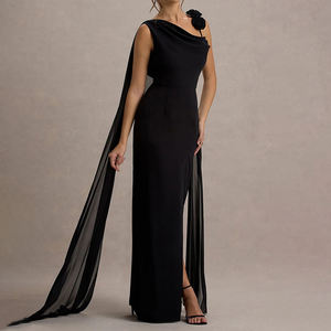 ZYHT 70118 Nuovo Elegante Abito Monospalla <span class=keywords><strong>con</strong></span> Fiocco, Fiore 3D, <span class=keywords><strong>Spacco</strong></span> <span class=keywords><strong>Nero</strong></span>, Schiena Scoperta, <span class=keywords><strong>Lungo</strong></span> in Chiffon per Feste ed Eventi Serali da Donna - Product Image 3