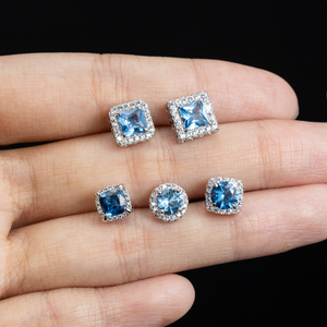 Boucles d'oreilles clous carrées en zircon bleu, argent 925 plaqué or blanc, classiques unisexes, résistantes au ternissement, étanches, boucles d'oreilles saphir - Product Image 2