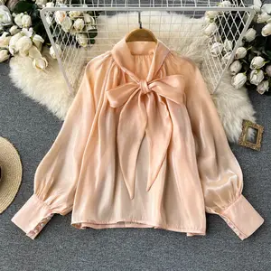 Mode Lange Mouw Vrouwen Zijde Chiffon Blouse Voor Vrouwen Dames Casual Met Strik 2023 Herfst