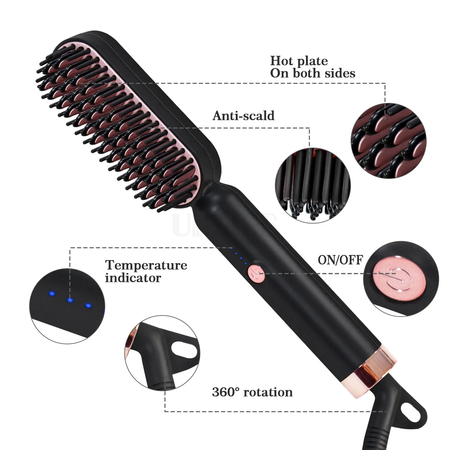 Curly fast heating 5 thermostatic level hot comb hair straightener beard brush electric