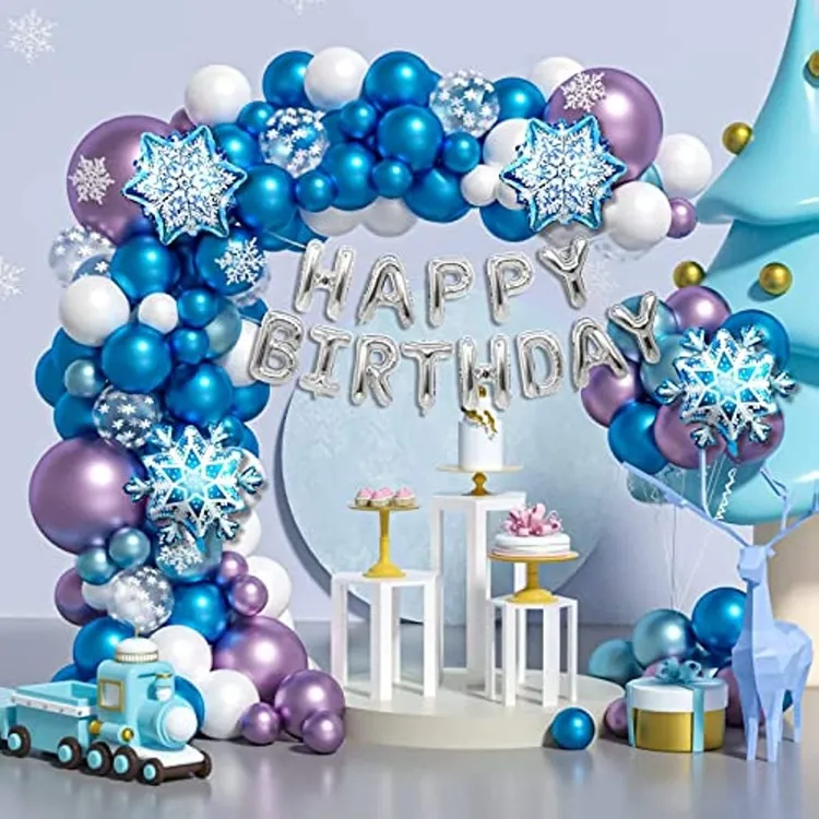 ตกแต่งปาร์ตี้แช่แข็งด้วยลูกโป่งฟอยล์เกล็ดหิมะสีม่วงสีฟ้าลูกโป่งสุขสันต์วันเกิดธีม T034ปาร์ตี้