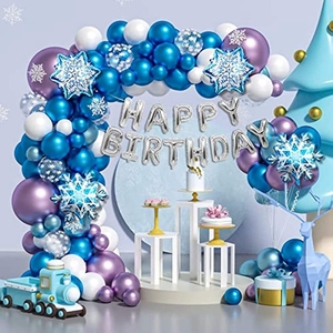 Décorations de fête sur le thème de la <span class=keywords><strong>reine</strong></span> <span class=keywords><strong>des</strong></span> <span class=keywords><strong>neiges</strong></span> avec ballons bleus et violets, ballon en feuille de flocon de neige, ballons joyeux anniversaire, fête à thème T034 - Product Image 1