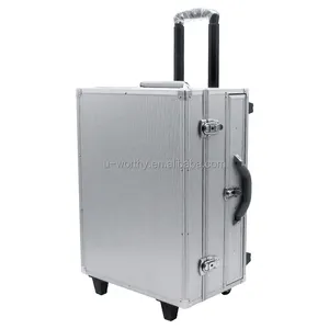 OEM Customized Dimension Durable Metal Frame Aluminum Sample Display Carrying Case with Foam and Handle and Wheels