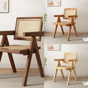 High-end rattan <b>armchair</b>, simple and casual <b>dining</b> chair for home use, guesthouse, genuine rattan backrest chair, solid wood - Product Image 1