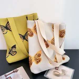 时尚新款大码34 * 28厘米针织手提袋女花式蝴蝶图案针织购物袋便携式可重复使用手袋
