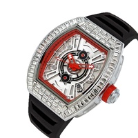 Montre squelette personnalisée pour homme, mouvement à quartz, diamants, étanche 30M, boîtier en acier inoxydable, bracelet en caoutchouc, idéale pour cadeau, vente en gros