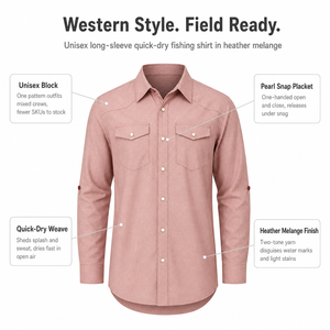 Chemise de pêche à séchage rapide Western à manches longues avec revers enroulable, fente dorsale et boutons pression nacrés, idéale pour le travail en extérieur et le ranch, personnalisable avec logo - Product Image 6