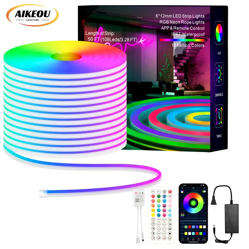 6x12 Flexible Multiple Modes IP67 RGB Neon Rope Light Waterproof Led Neon Strip Lights For Bedroom Indoor Music Sync Gaming