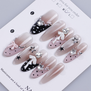 <span class=keywords><strong>Uñas</strong></span> Postizas de Lujo Hechas a Mano en 3D, Color Rosa y Negro, Diseño de Ojo de Gato, Forma Almendrada Larga, con Lindos Puntos y Corazones, Adornadas con Pedrería - Product Image 1