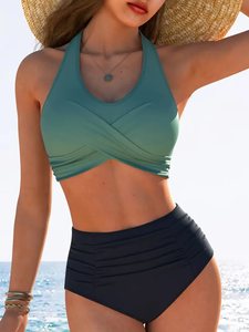 Ensemble bikini deux pièces pour femmes, haut croisé à bretelles, bas taille haute, couleur unie, tissu extensible, vêtements de plage - Product Image 1