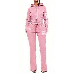 Conjunto de chándal de <span class=keywords><strong>mujer</strong></span> Y2K de 400g de peso pesado, estilo streetwear, con lavado, top corto con cremallera, pantalón jogger acampanado y sudadera con capucha con cordón, con logotipo personalizado - Product Image 2