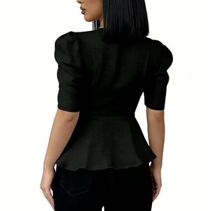 Women's Square Neck Puff Sleeve Peplum <b>Top</b> - Gold Button Fitted Shirt Fashion - Product Image 4
