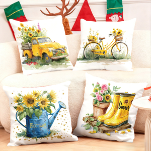 Sunflower themed throw pillows featuring vintage truck bike boots and watering can for cozy summer decor - Product Image 1