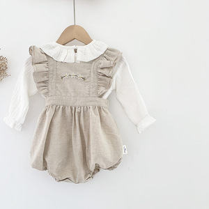 Verano vintage niños color sólido Lino algodón ropa niño bebé <span class=keywords><strong>niña</strong></span> sin mangas volante sin espalda bordado flor mameluco - Product Image 4
