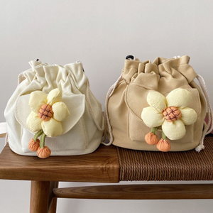 한국 미니 졸라매는 끈 버킷 캔버스 메신저 가방 귀여운 꽃 여성 크로스 바디 백 천 숄더 백 - Product Image 2