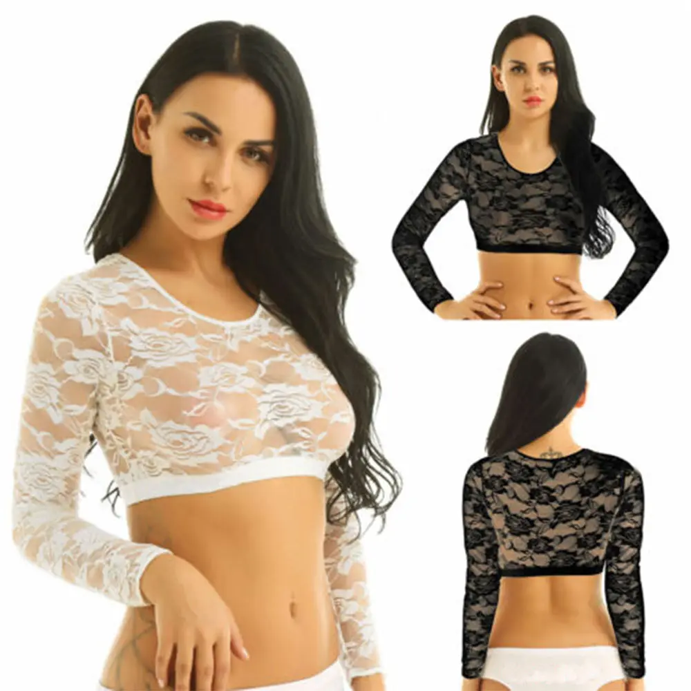 Wholesale Sexy Women Floral Lace Crop Tops sexy tshirt See-through Long Sleeve Crewneck Half Tee Blouse crop top tshirt women